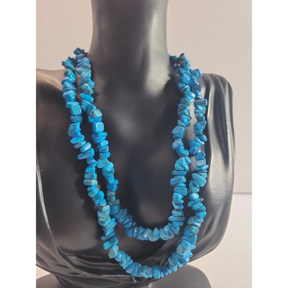 Bright Blue Chip Bead Necklace Long Boho Southwestern Layering Jewelry
